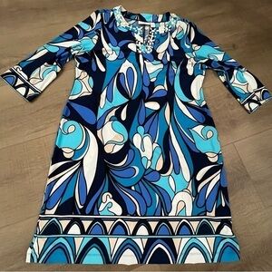Chico’s Retro Look Jewel Neckline Dress Aqua Blue‎ Paisley 3/4 Sleeve Beaded L